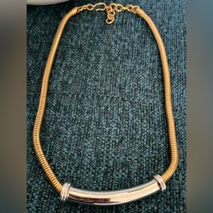 Vintage Monet Gold Tone Necklace with Silver Tone Decor, Signed “Monet”